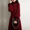 Vestido Suéter de Punto Chanel Elegante para Otoño e Invierno, Adelgazante, Retro, Cuello Alto, Encaje, Vestido de Punto Rojo
