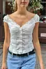 Camiseta de manga corta con volantes estilo ballet, transfronteriza INS, verano, cárdigan ajustado de manga corta con botones y ribete de encaje, top de manga corta con cuello en V, venta al por mayor