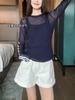 Camiseta Retro de Gola Redonda Transparente de Manga Longa para Mulheres com Listras Patchwork e Cores Contrastantes, Pulôver Estilo Levemente Maduro para Atacado Transfronteiriço