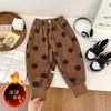 Calças Casuais de Outono e Inverno para Meninos e Meninas, Calças Estilosas Infantis de Marca Tendência Estilo Coreano com Bolinhas Desenho Animado Forradas com Fleece Estilo Lanterna