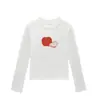 Camiseta de mujer de manga larga, cuello redondo, hombro normal, color albaricoque, nuevo estilo primavera y otoño, con estampado de manzana, corte ajustado, versátil, top de moda