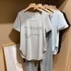 Verano Maternidad Nuevo Talla Grande Letra Algodón Camiseta Manga Corta Cuello U Grande para Mujer, Cubre Vientre, Oculta Imperfecciones, Adelgazante Manga Corta Irregular