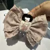 Grampo de Cabelo Médio 10cm com Laço Floral de Renda Estilo Francês, Tecido Rosa Suave, Ferramenta Elegante para Penteado, Estilo Menina