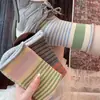Calcetines de media pantorrilla para mujer, calcetines de verano finos a rayas con bloques de color y volantes, calcetines de algodón puro con borde enrollado, de ajuste holgado, para el posparto, calcetines largos