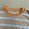 Camiseta de manga larga azul a rayas estilo perezoso, nueva colección de otoño, transpirable, cuello redondo para mujer, diseño de bloques de color, versátil, corte holgado y top adelgazante