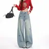 #Bordado de Cachorro Jeans Wide Leg Feminino Cintura Alta Solto Emagrece Esconde Defeitos Caimento Versátil Calças Compridas