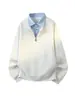 Camisa Polo de Manga Larga Falsa de Dos Piezas con Bloques de Color Retro Americano para Hombre Nueva Marca de Tendencia Holgada Versátil Sudadera con Media Cremallera Ropa para Hombre