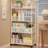 Estante de chão para armazenamento de livros para casa, estante de parede integrada para livros, multicamadas, ao lado da mesa, móvel com rodas, pequeno carrinho