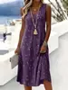 Vestido Impreso Estilo Resort Europeo y Americano de Amazon, Vestido sin Mangas con Escote en V Estampado Holgado de Longitud Media, Ropa Femenina Transfronteriza