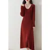Vestido de punto de lana 100% pura con cuello en U de longitud media para otoño e invierno, vestido suéter de punto con corte entallado en forma de A para mujer, falda base hasta la rodilla