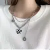 Collar de Cadena para Sudadera con Patrón de Tablero de Ajedrez y Osos de Doble Capa para Mujer, Cadena de Suéter Hip-Hop de Moda, Accesorio Otoño e Invierno que No se Desvanece