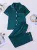 Conjunto de Homewear de Cetim Estilo Europeu para Mulheres, Cardigã de Verão com Lapela, Calça Longa de Manga Curta, Pijama Casual, Atacado