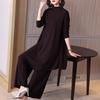 Pantalones anchos de dos piezas para mujer de talla grande con borde cruzado que adelgazan primavera y otoño, nuevo traje de mamá de punto de estilo casual suelto para mujer