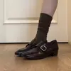 Versión de piel de oveja~Mocasines vintage de cuero genuino con tacón grueso para mujer con hebilla de cinturón, zapatos casuales para commuting, zapatos pequeños de cuero cómodos y versátiles