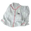 Pijama Rosa de Encaje para Mujer de Talla Grande en Stock del Fabricante, Lindo Ropa de Casa Azul a Cuadros con Bordado de Pony para Primavera y Otoño