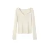 Suéter de punto liso vintage estilo francés para mujer, camiseta base ajustada de otoño e invierno, top de camiseta de manga larga con hombros normales