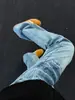 Calça jeans masculina lavada com estampa de rachadura de raio, estilo high street americano, lavada e desgastada, calça casual de perna reta e larga