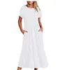 En stock 2024 Ropa Nueva para Mujer Amazon Transfronterizo Explosiones Temperamento Cuello Redondo Plisado Color Sólido Vestido Grande