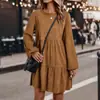 Vestido de Pastel en Capas de Pana Cuello Redondo Manga Larga Abullonada Holgado Cubre Imperfecciones Casual Vestido Corto para Mujer
