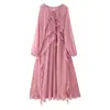 Al por mayor 2026 Primavera Nuevo Estilo Europeo y Americano Vestido Largo de Gasa con Capas, Volantes y Corbata 6851 Rosa