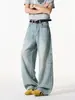 Jeans largo estilo americano para homens, calça longa casual reta solta da moda de outono, jeans lavado masculino