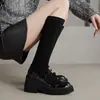 Botas de plataforma estilosas com laço e salto grosso, botas skinny elásticas, novas botas de cano alto estilosas e versáteis para outono/inverno 2026