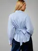 Camisa a rayas popular transfronteriza europea y americana para mujer, con lazo en la espalda, entallada en la cintura, cuello de solapa, mangas largas, corte holgado, camisa corta informal