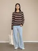 Nanyou Ropa Fina de Mujer Hilo Fino Tencel Lana Principios de Otoño Raya Francesa Versátil Cuello Redondo Suéter de Punto Lana