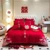 Juego de cuatro piezas para boda, ropa de cama para recién casados, funda de edredón bordada, juego de boda rojo, habitación de boda, cama de boda, juego bordado festivo
