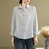 Camisa Rayada de Algodón Nueva Primavera para Mujer Manga Larga Holgada Cuello Solapa Top Casual Versátil para Mujer