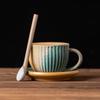 Juego de Taza y Platillo de Cerámica Rústica Retro, Taza Rayada Estilo Japonés, Taza para Latte con Cuchara, Lujo para Uso en Casa