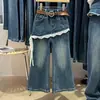Calça Jeans Jeans Patchwork Renda Babado Falso Duas Peças 26 Outono Novo Estilo Coreano Roupa Exterior Casual Menina Calça Longa