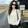 Top de punto de color liso estilo francés, con look de dos piezas y manga larga para mujer, colección de principios de otoño 2026, con un diseño suave y elegante y un chal asimétrico