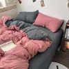 Juego de cuatro piezas de gasa bicolor de color liso, gasa suave y arrugada, sábana de algodón lavado, funda de edredón, funda de almohada, juego de tres piezas para dormitorio