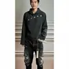 Moletom com capuz listrado retrô americano bordado com meteoro para homens, corte solto, versátil, top pullover casual moderno para primavera e outono