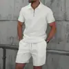 Amazon Verano Transfronterizo Hombres Nuevo Waffle Cremallera Color Sólido Cuello Camisero Manga Corta Camiseta y Shorts Conjunto Casual