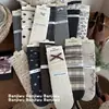 Meias Songmu designer combinação de marrom e cinza estilo coreano ins com laço floral de algodão altura média panturrilha meias femininas doces