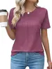 Top T-shirt feminino liso de manga curta plissada com gola redonda para primavera e verão
