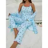 Ropa de casa transfronteriza europea y americana más vendida: Pijama de camisola con estampado de cerezas para mujer, se puede usar como ropa exterior, juego de tres piezas al por mayor