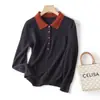 Suéter de Punto de Lana 100% Suave y Amigable con la Piel para Mujer, Manga Larga, Cuello con Solapa, Media Apertura con Botones, Bolsillo Único, Bloques de Color de Moda, Invierno