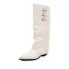 Piel Genuina ~ Punta Fina Aumento de Altura Interior Bota para Pantalón Mujer Hebilla de Cinturón Botas Largas Blancas Hasta la Rodilla Tacón de Cuña Botas de Montar