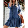 Amazon AliExpress Vestido Midi de Mezclilla Clásico Versátil Europeo y Americano con Cuello Alto, Patchwork y Dobladillo con Volantes