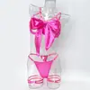 Venta Caliente de Comercio Exterior Sexy Divertido Conjunto de Lencería para Mujer, Satén de Seda Fino Lazo Rojo Tanga Conjunto de Tres Piezas