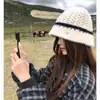 Chapéu de Pescador Versátil Moda Grande Circunferência da Cabeça Afina o Rosto Estilo Coreano High-End Color Block Vazado Gorro de Tricô Feminino