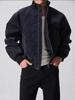 Chaqueta de Cuero para Hombre con Cuello Alto, Empalme de Gamuza Blanca y Gris, Otoño, Marca de Tendencia Retro Americana, Holgada, Chaqueta de Motociclista