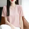 Camiseta de Manga Corta 100% Algodón para Mujer 2026 Verano Nuevo Estilo Color Sólido Cuello en V Top Holgado Estilizado que Cubre la Barriga Talla Grande