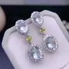 Brincos de Aquamarina Natural Oval com Diamantes Montados em Prata Estilo Palaciano Elegante de Nicho Brincos de Moda Retrô de Alta Qualidade