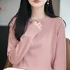 Suéter tejido de algodón puro estilo francés, suave y amigable con la piel, para mujer, clásico de cuello redondo y manga larga, top básico de algodón para primavera y otoño