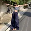 Pantalones Casuales de Lino Tencel Azul Profundo para Mujer Verano Estilo Delgado 2026 Nuevos Pantalones de Pierna Ancha Sueltos y Caídos de Longitud Completa