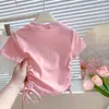 2026 Nuevo Estilo de Verano Top con Cordón para Niñas con Perlas Moda Dulce Dibujo Animado Estampado Camiseta de Manga Corta Moderna